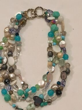 Multi-Strand Beaded Necklace in Turquoise, White & Pearl